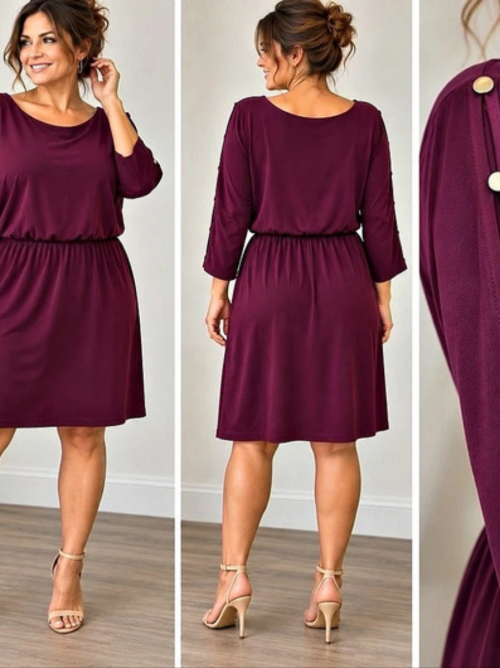 Sandra Darren Sz 14 Plum Blouson Dress Silver-tone Button Sleeve Classic Elegant